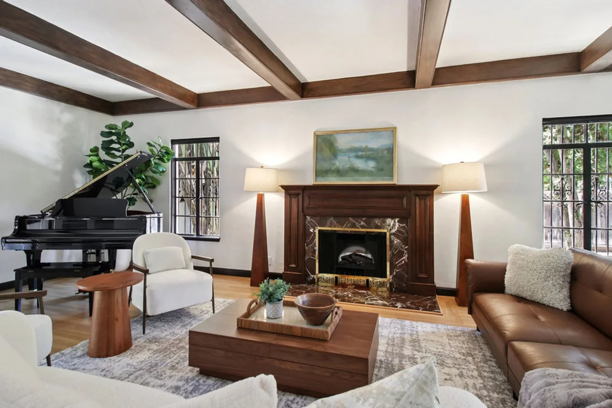 The beamed living room at 1560 University Avenue, Palo Alto