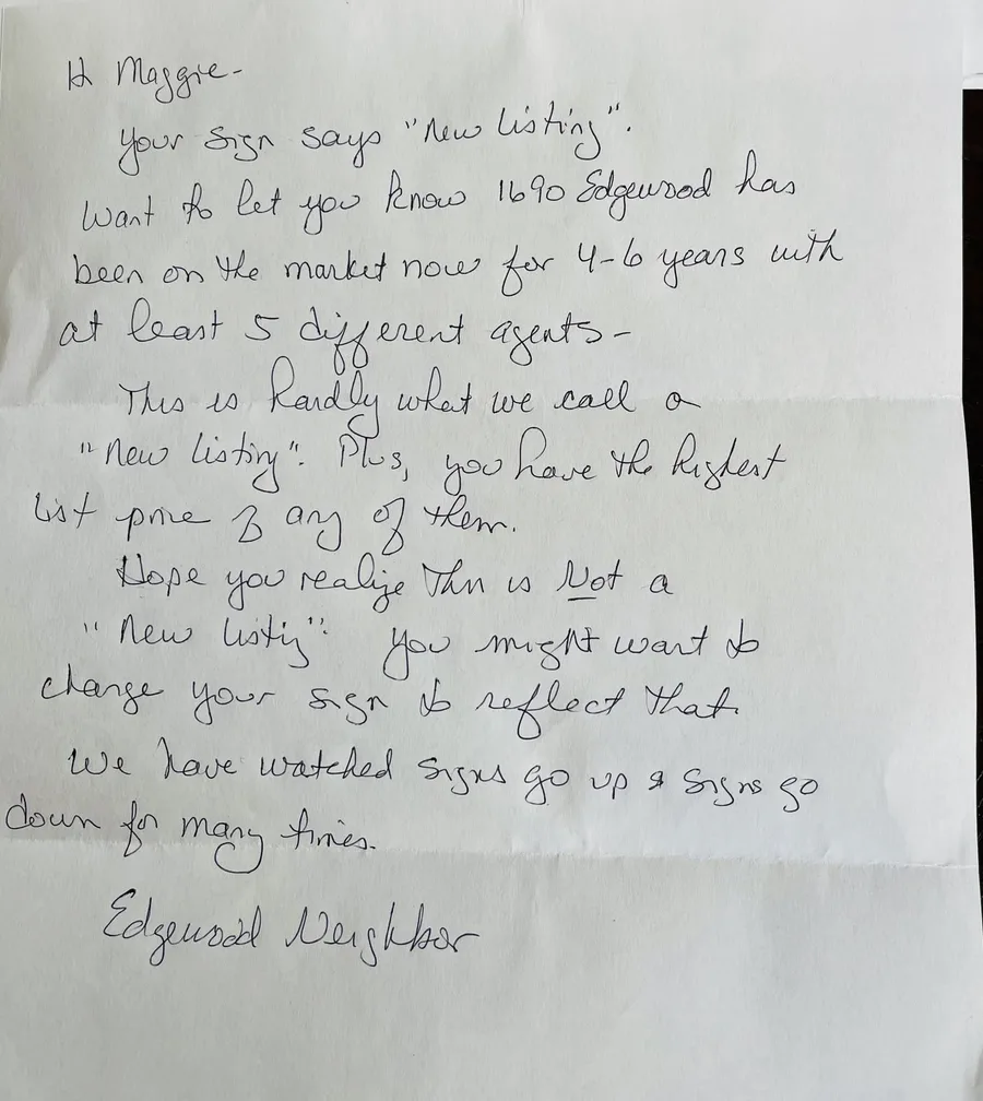 A handwritten letter about 1690 Edgewood Drive, posted to Maggie six days after the house was listed, signed only "Edgewood Neighbor"